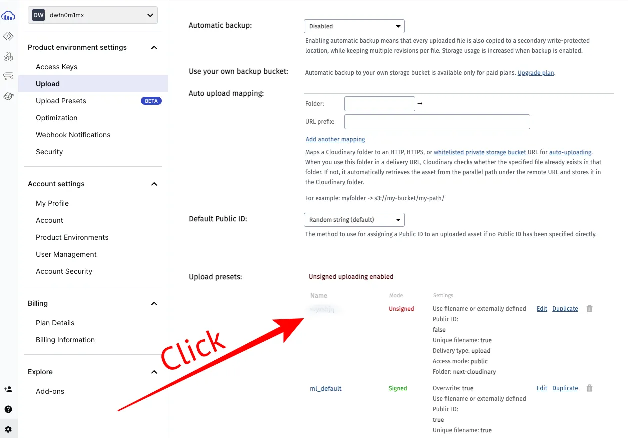 Click Unsigned Upload Preset